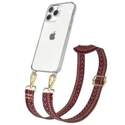 Abbildung von EAZY CASE Handykette mit verstellbarem Trageriemen für iPhone 15 Pro Max Taschengurt zum Wechseln transparenter Handyhülle Hülle dünner Schulterriemen in Rot Braun Gold
