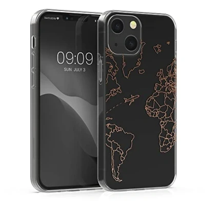 Abbildung von kwmobile Hülle kompatibel mit Apple iPhone 13 Handyhülle Silikon Case Travel Flugzeug Silber Transparent