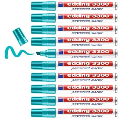 Abbildung von edding 3300 Permanentmarker türkis 10 Stifte Keil Spitze 1 5 mm schnell trocknender Permanent Marker wasserfest, wischfest für Karton, Kunststoff, Holz, Metall Universalmarker