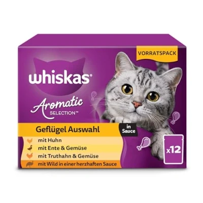 Abbildung von WHISKAS Aromatic Selection Multipack Portionsbeutel 1+ Geflügel Auswahl 4 Varietäten Huhn, Ente, Truthahn, Wild in Sauce 4x12x85g