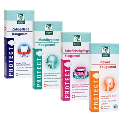 Abbildung von BADERs PROTECT Kaugummi aus der Apotheke. Mundhygiene, Zahnpflege, Zahnfleischpflege, Ingwer. 4 Sorten x 20 Quadrate.