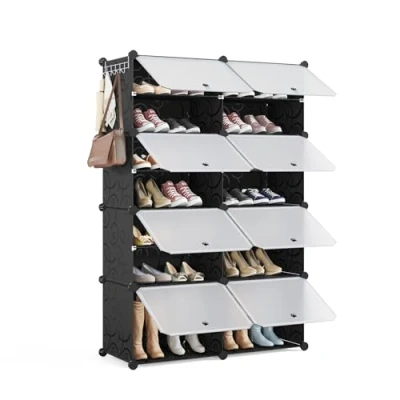 Abbildung von Mondeer Schuhregal, 8 stufiger Kunststoff Schuhschrank, Modulares Schuhaufbewahrung, Staub und Wasserabweisend, Platzsparendes, hält 32 Paar Schuhe für Foyer, Schlafzimmer, Wohnzimmer, Schwarz