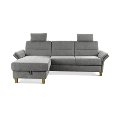 Abbildung von CAVADORE Schlafsofa Wyk mit Federkern / Ecksofa im Landhaus Stil Longchair, Bett, Bettkasten, Armteilfunktion + 2 Kopfstützen 252 x 90 162 Chenille, Grau