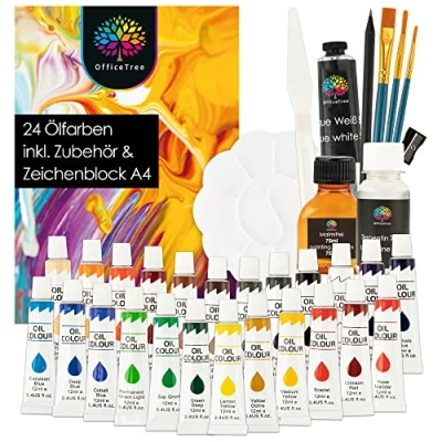 Abbildung von OfficeTree Kreativset Ölfarben mit Zubehör, (24er Set), Komplettes Starterset