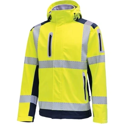 Abbildung von Vizwell Warnschutz Softshelljacke leuchtgelb marine mit Kapuze Gr.4XL vw177t