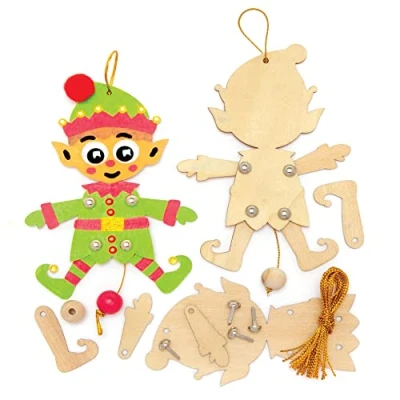 Abbildung von Baker Ross FE966 Weihnachtself Handpuppen aus Holz 5er Pack, Bastel deine eigenen Holzpuppen, Holzbastelset für Kinder zum Zusammenbauen und Dekorieren
