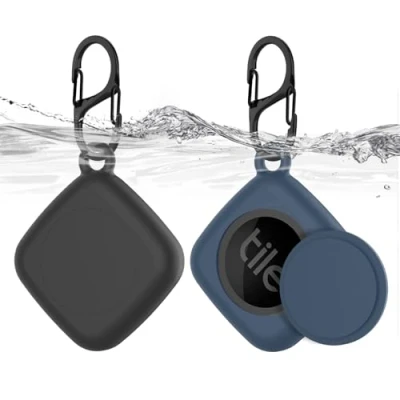 Abbildung von [2 Stück] Halterung für Tile Mate（2022）, MOWYEOK Silikon GPS Tracker Verstecktes wasserdichtes Halterung, Mit Schlüsselanhänger, Geeignet Schlüssel, Geldbörse, Gepäck (Schwarz+Blau)