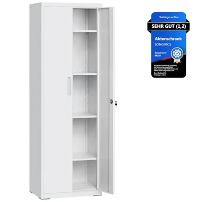 Abbildung von SONGMICS Aktenschrank, Mehrzweckschrank, Stahl Aufbewahrungsschrank, 5 Ebenen, Doppeltüren, Schloss, Werkzeugschrank, verstellbare Ablagen, Garage, Büro, Wohnzimmer, grau OMC014G01