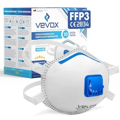 Abbildung von VEVOX® FFP3 Maske mit Ventil 5er, 10er oder 20er Set Staubmaske Atemschutzmaske Staubschutzmaske Feinstaubmaske Atemschutz z.B. gegen Feinstaub, Schimmel Asbest