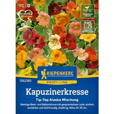 Abbildung von Kiepenkerl Kapuzinerkresse Tip Top Alaska Mischung 1062380 niedrige Beet und Balkonblume mit gesprenkeltem Laub Wildblumensamen, Blumenwiese