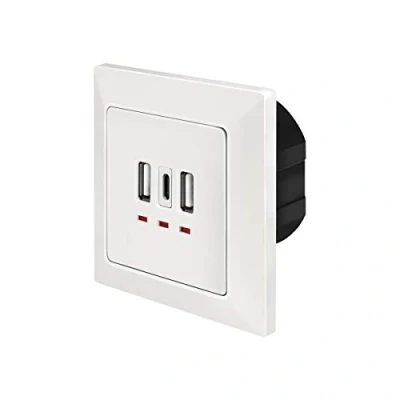 Abbildung von LogiLink PA0254 Unterputz Dose mit 2X USB A &amp; 1x C zum gleichzeitigen Laden von bis zu 3 Geräten, Weiß