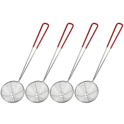 Abbildung von yoaxia ® [ 4x ] Fondue Sieb Ø 7,5cm L 29cm, silberfarben mit rotem Griff, Sieblöffel für Feuertopf, Mongolentopf