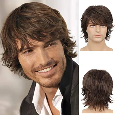 Abbildung von Perücke Herren Braun Kurz Haare Layered Wave Perücken mit Pony Synthetische Cosplay Kostümparty Halloween Party Men Wigs