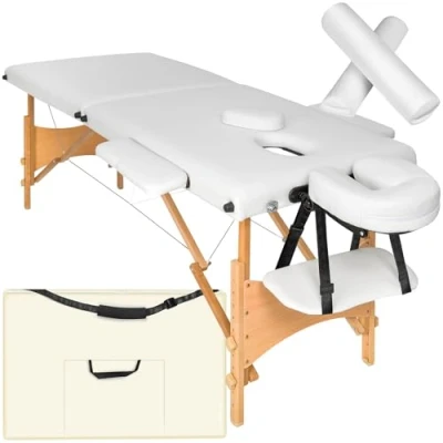 Abbildung von tectake® Mobile Massageliege 2 Zonen, klappbar, höhenverstellbar, mit Lagerungsrollen, belastbar bis 250kg, Physiotherapie Zubehör, Massagetisch für Kosmetik, Wellness oder Tattoo weiß