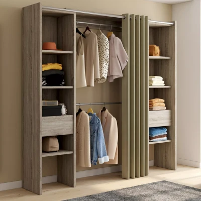 Abbildung von IDMarket Ausziehbarer Doppel Kleiderschrank Meryl 120/180 x 50 180 cm Buche mit Regalen + Doppelschrank Vorhang Taupe