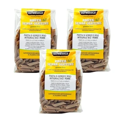 Abbildung von Oltresole, Italienische Bio Pasta aus Sorghum und Reis, Penne Format, Vollkornmischung reich an Ballast Nährstoffen, glutenfrei, 3er Packung à 350 g