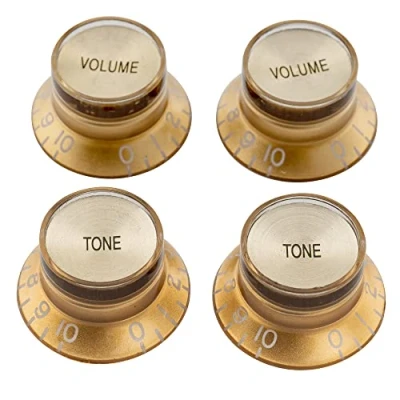 Abbildung von Musiclily Pro Metrische Gitarre Knöpfe Potiknöpfe Top Hat Bell Knobs 2 Volume Tone Set für Epiphone LP SG Style E Gitarre, Gold mit Metalleinlage