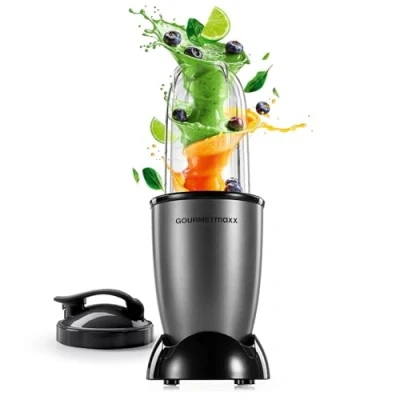 Abbildung von GOURMETmaxx Mr. Magic Mixer 4 tlg. 400W, Kreuzklinge, 500ml Becher &amp; To Go Deckel Für Shakes, Dips, Soßen Leicht zu reinigen Anthrazit/Schwarz
