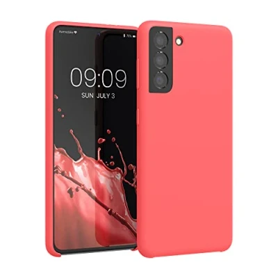 Abbildung von kwmobile Hülle kompatibel mit Samsung Galaxy S21 Silikon Handy Case Handyhülle weiche Oberfläche kabelloses Laden Neon Koralle