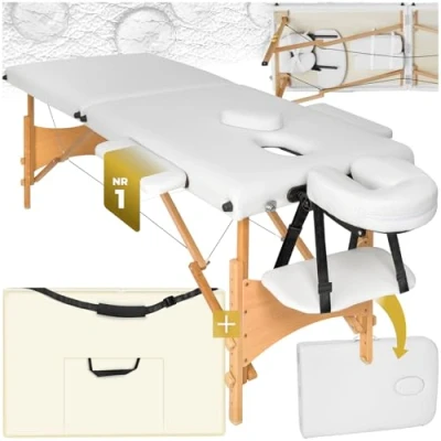 Abbildung von tectake Massageliege 2 Zonen, klappbar, Massagetisch tragbar mit 5cm Polsterung, höhenverstellbare, Mobile Massageliege, Massagebank Holzfüßen und Zubehör Tragetasche weiß