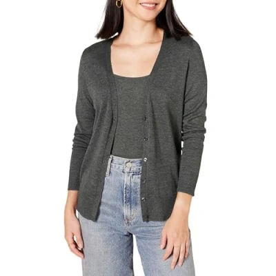 Abbildung von Amazon Essentials Damen Leichter Cardigan mit V Ausschnitt (in Übergröße erhältlich), Dunkelgrau Meliert, XS