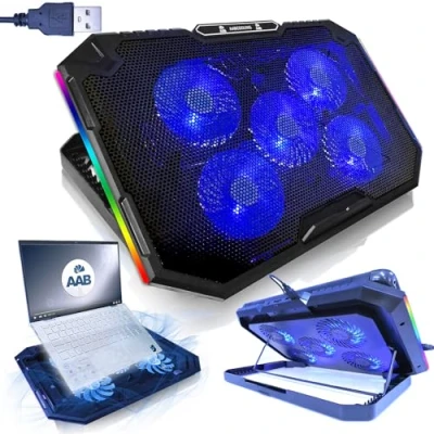 Abbildung von AABCOOLING Elektra Schneller Kühlvorgang, Leistungsstark, Notebook Ständer mit 5 Lüftern, RGB LED, höhenverstellbare Notebookhalterung, Unterlage Kühler, 7 stufige Winkel