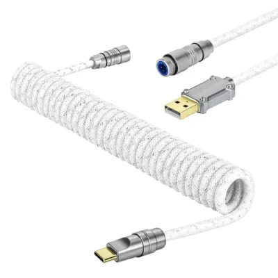Abbildung von MAMBASNAKE C05 Custom Coiled Aviator USB C Kabel für Gaming Tastatur, Braided Nylon, A auf C, Double Sleeved Spiral Mechanical Tastaturkabel, Abnehmbarem CNC Luftfahrtstecker, 4,92Ft Weiß