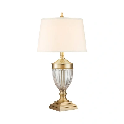 Abbildung von Quoizel QZ Dennison BB Tischleuchte E27 100W Stahl, Glas, Leinen; Messing gebürstet H:80cm Ø43cm