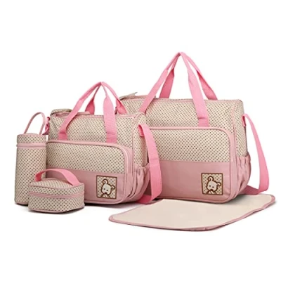 Abbildung von Miss Lulu 5er Set Baby Wickeltasche Babytasche Tasche Mutter Windeltasche Handtasche Schultertasche Flaschenhalter mit wickelunterlage (Pink)