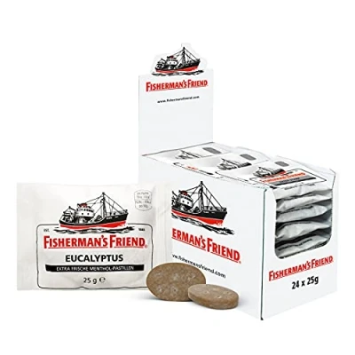 Abbildung von Fisherman&#039;s Friend Eucalyptus, 24er Vorratsbox, Eukalyptus und Menthol Geschmack, ohne Zuckerzusatz &amp; vegan, Bonbons für frischen Atem, 24 x 25g