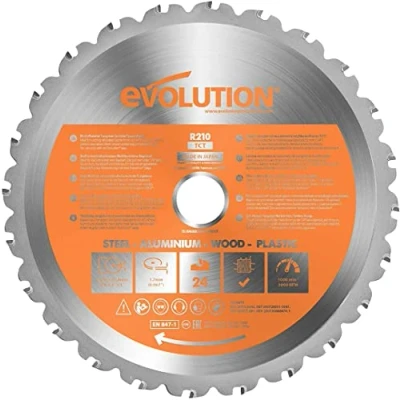 Abbildung von Evolution Power Tools Sägeblatt 210mm für Kreissäge und Kappsäge Mehrzweckschneidklinge mit 24 Zähnen, TCT Kreissägeblatt Multimaterial, Schneidet Holz, Metall, Kunststoff ‎R210TCT 24T