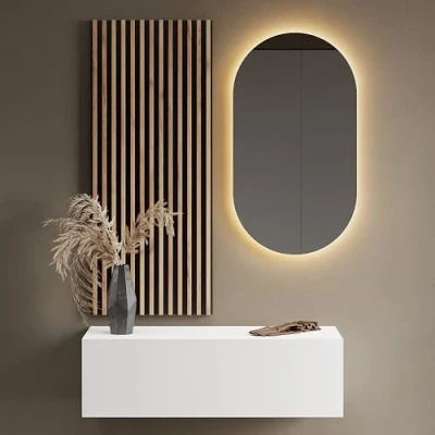 Abbildung von Planetmöbel Flur Möbel Garderobe 1x 100cm weiß, Wandpaneel 50cm Gold Eiche/Anthrazit mit Spiegel (ohne LED), Wandgarderobe 32,5H x 100B 37,8T cm