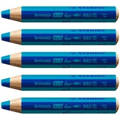 Abbildung von duo Buntstift, Wasserfarbe &amp; Wachsmalkreide STABILO woody 3 in 1 zweifarbige Mine 5er Pack ultramarinblau/türkis