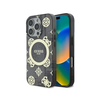 Abbildung von Guess Schutzhülle für iPhone 16 Pro, offizielles Lizenzprodukt, Mag Safe kompatibel, Pfingstrosenmuster, 4G Hintergrund mit vergoldeter galvanisierter Schutzhülle, entworfen Pro Max,