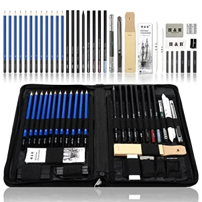 Abbildung von H &amp; B 40 Stück Bleistifte Skizzierstifte Set Skizzieren und Zeichnen Professionelle Art mit Graphitkohlestifte Sticks Werkzeuge Kit Bag