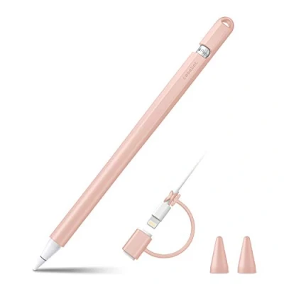 Abbildung von Fintie Silikon Hülle Kompatibel mit Apple Pencil (1. Generation) Ultra leichte Stifttasche, weiche schützende Griffhalterung 2 Spitzenabdeckung und 1 Cable Adapter Tether, Rosa