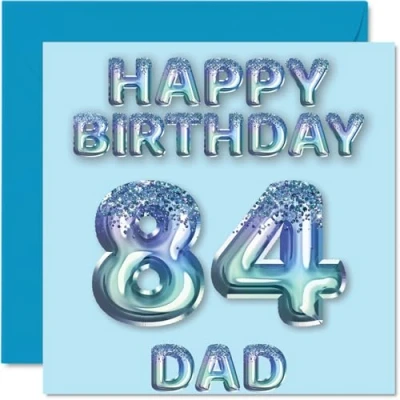 Abbildung von Geburtstagskarte zum 84. Geburtstag für Vater, blaue Glitzer Partyballons, Happy Birthday Karten 84 Jahre alten Vater vom Sohn, Tochter, 145 mm x mm, Geburtstagsgrußkarten, Geschenk