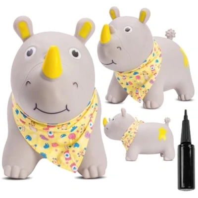 Abbildung von sun baby Hüpftiere ab 1 Jahr mit Pumpe aufblasbares Hüpfspielzeug aus Hochwertigem und Strapazierfähigem Gummi, Verschiedene Designs (Graues Nashorn Bandana)