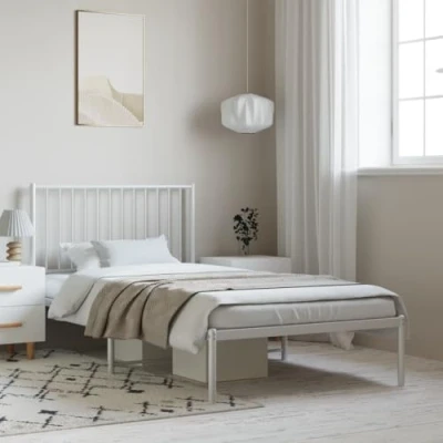 Abbildung von vidaXL Bettgestell, Bett mit Kopfteil, Bettrahmen Lattenrost Mittelfüßen, Metallbett Einzelbett für Schlafzimmer, Weiß 100x200cm Metall