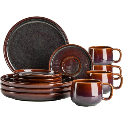 Abbildung von MÄSER Serie Elina Uno, Modernes Kaffeegeschirr Set mit unregelmäßiger Effektglasur für 4 Personen, Dessertteller, Kaffeetassen und Untertassen, 12 teiliges Kaffeeservice, Steinzeug, Jungle