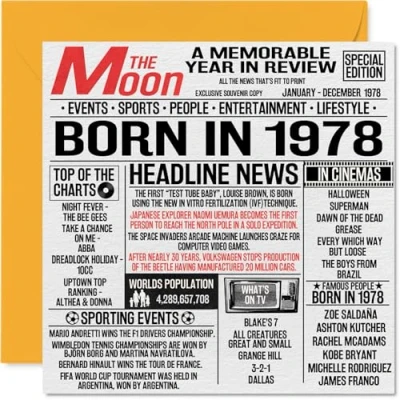 Abbildung von Stuff4 Geburtstagskarte zum 46. Geburtstag für Männer und Frauen, Zeitung Born In 5,024.1 cm Happy 46 Birthday Card Mama, Vater, Onkel, Tante, Vintage Retro Stil, 1978, 145 x mm,