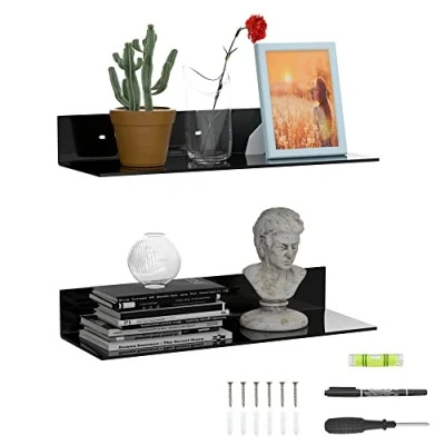 Abbildung von Sezanrpt 2er Set Acryl Wandregale 43cm, Schwarz L Form schwimmend Regal, Eckregal, Perspex Wand Display Regale für Wanddekoration, Modellwagen, Kerze, Kalender, Handtuch, Tissue