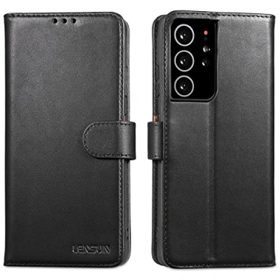 Abbildung von LENSUN Echtleder Hülle für Samsung Galaxy S21 Ultra, Handyhülle [Echtes Leder] [Magnetverschluss] [Kartenfach] Handytasche Lederhülle Ultra 5G Schwarz