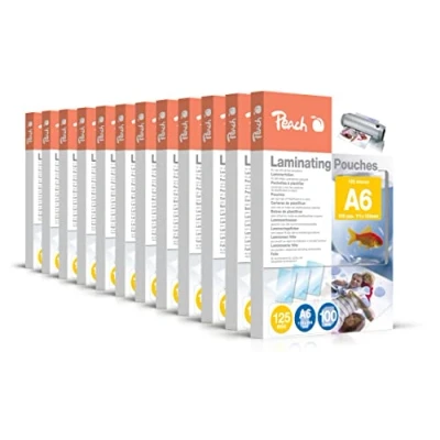 Abbildung von Peach Laminierfolien A6 125 mic 12x100 pouches glänzend Premiumqualität für beste Laminierergebnisse kompatibel mit Geräten aller Markenhersteller PP525 0412A