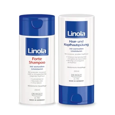 Abbildung von Linola Forte Shampoo &amp; Haar und Kopfhautspülung 2 x 200 ml Dusch Set gegen Juckreiz Schuppenflechte Für entspannte Kopfhaut geschmeidiges