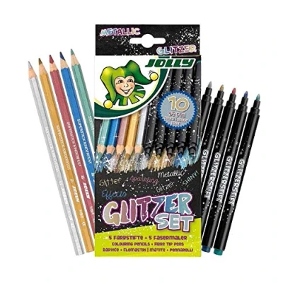 Abbildung von JOLLY Farbstifte Glitzerset Set mit 10 Metallic &amp; Glitzer Farbstiften, Inkl. 5 Fasermaler Buntstifte, Hochpigmentiert, Ideal für Dunkles Papier, Verstärkter Holzmantel