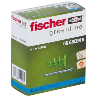 Abbildung von fischer Gipskartondübel GK Green mit Schrauben, starker Gipskarton Dübel aus mind. 50 % nachwachsenden Rohstoffen, einfache Montage in Gipskarton, 45 Stück