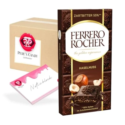 Abbildung von Ferrero Rocher 55% Zart bitter Haselnuss 8 x 90 g Tafelschokolade mit Geschenk von Pere&#039;s Candy