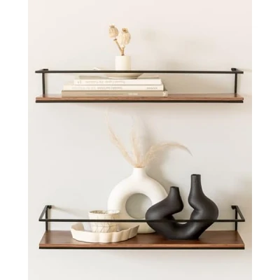 Abbildung von Kazai.® Wandregal Set STENN Hängeregale aus Metall und Echtholz Veneer Schweberegale als Ablage für Bad, Wohnzimmer, Küche, Schlafzimmer mehr Walnuss