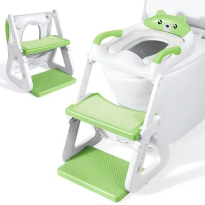 Abbildung von Orzbow Einstellbar Toilettensitz Kinder mit Treppe,Stabil Dreiecksstruktur,Verlängerter Pedal und Spritzschutz Wasserdichtes PVC Polster,Rutschfest Faltbar,Grün